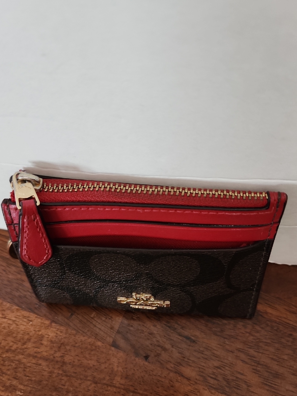 COACH Signature Canvas Card Case Wallet in Brown and Red - Picture 3 of 8